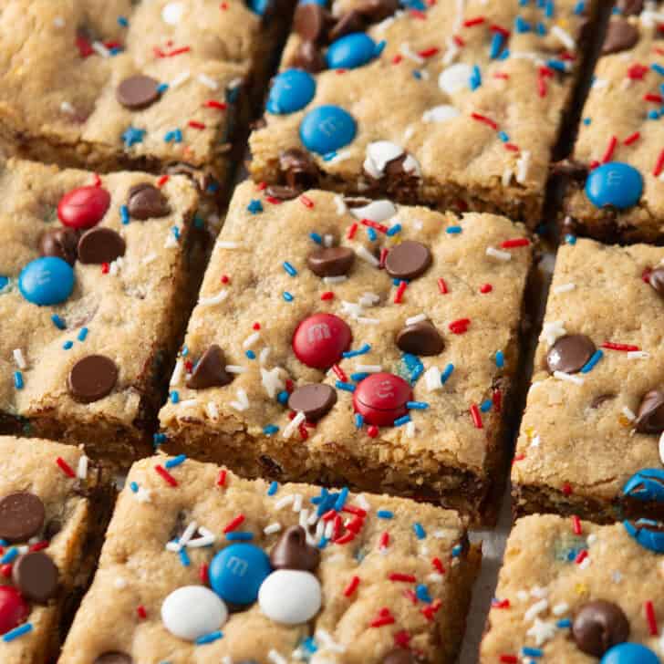 squares of 4th of july monster cookie bars