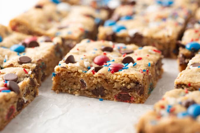 square of 4th of july monster cookie bar