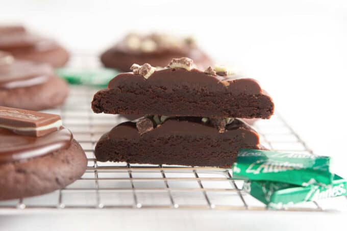 fudgy andes mint cookies cut in half to show texture