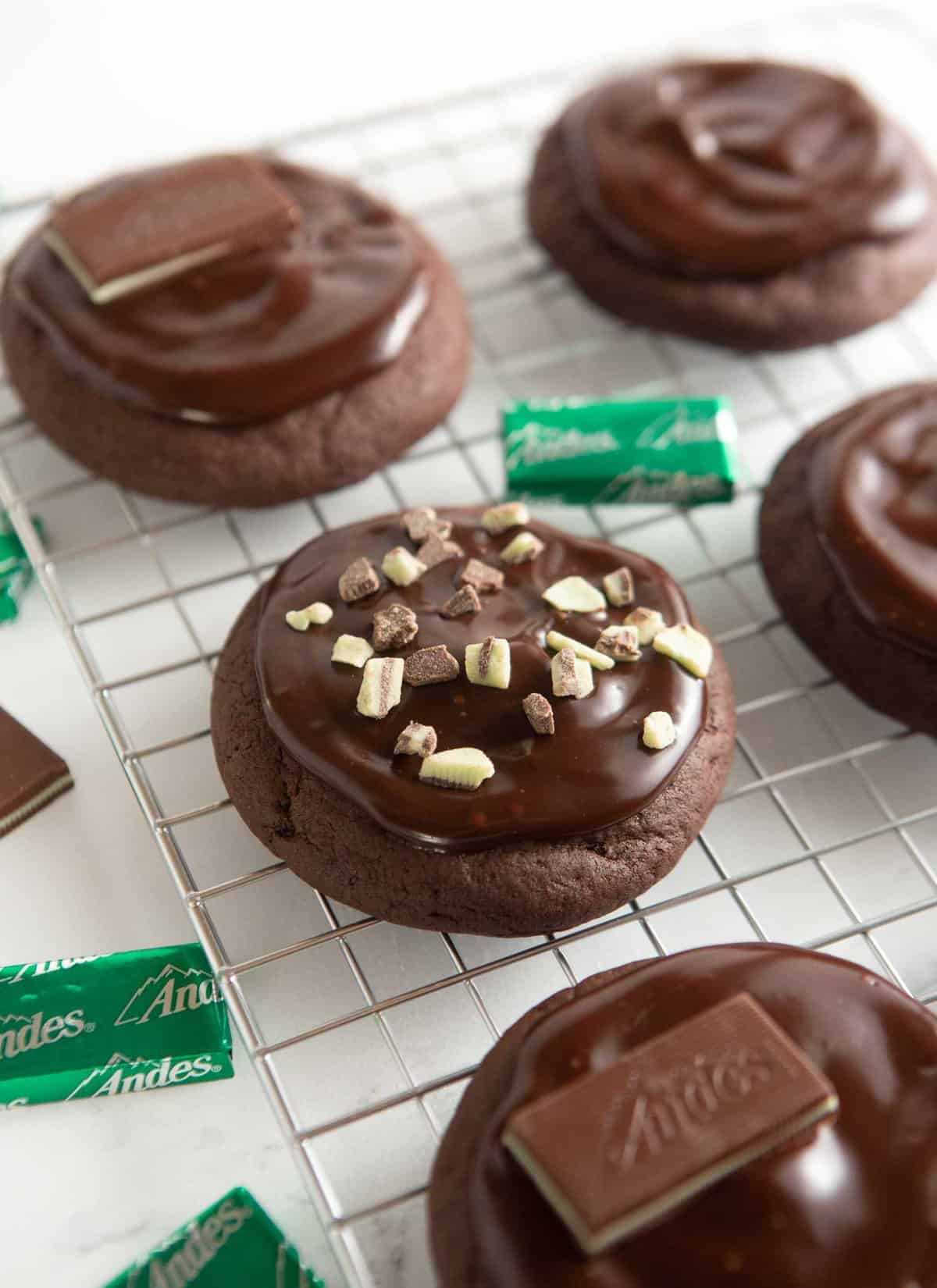 wire rack of decorated andes mint cookies