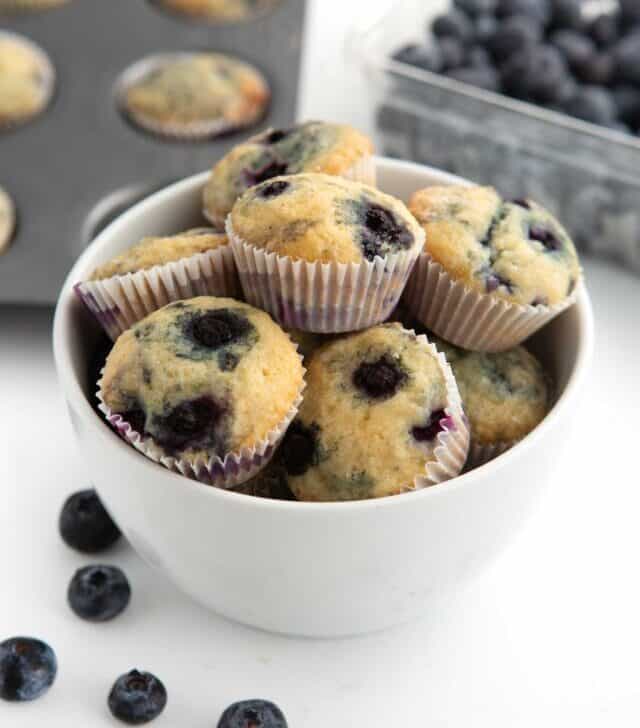 bowl of mini blueberry muffins