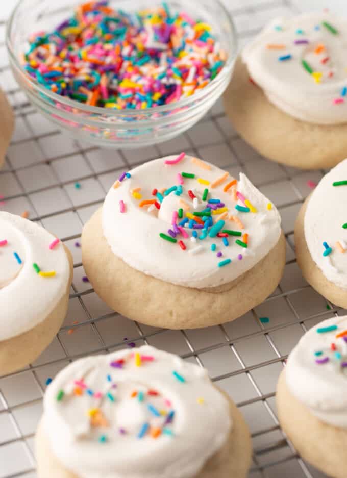 fluffy dairy free sugar cookies with rainbow sprinkles
