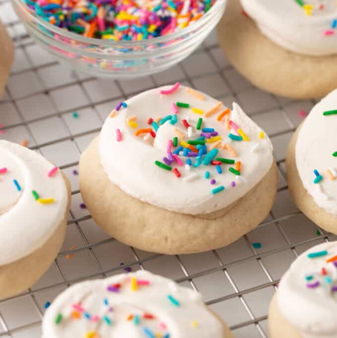 fluffy dairy free sugar cookies with rainbow sprinkles