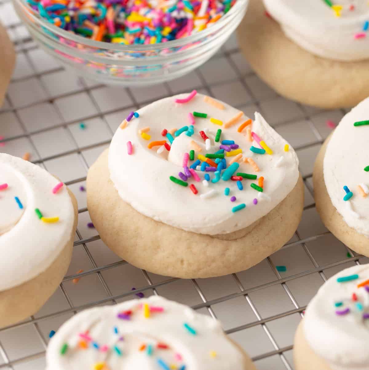 fluffy dairy free sugar cookies with rainbow sprinkles