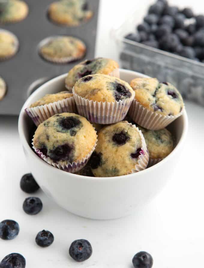 bowl of mini blueberry muffins
