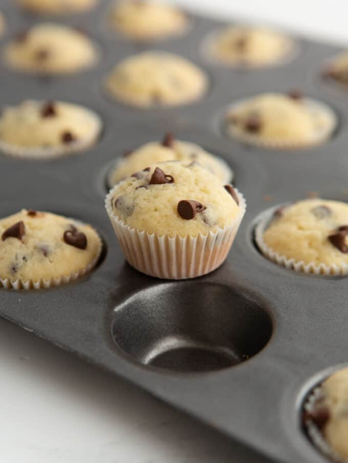 mini chocolate chip muffin on baking pan