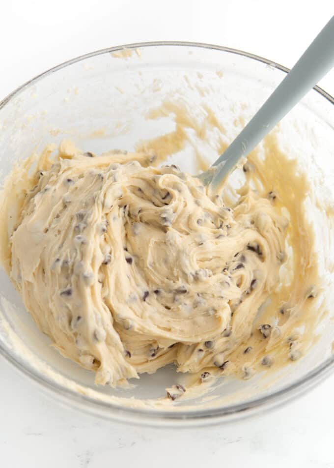 bowl of mixed chocolate chip muffin batter