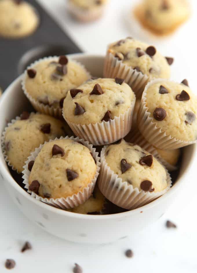 bowl of mini chocolate chip muffins