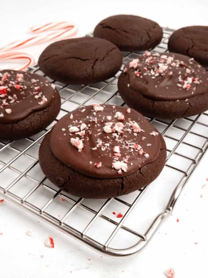 chocolate peppermint brownie cookie on cooling rack
