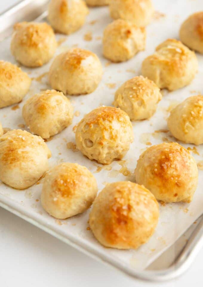 baked pretzel balls on baking tray