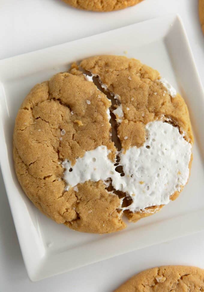 Chewy fluffernutter cookie on square plate