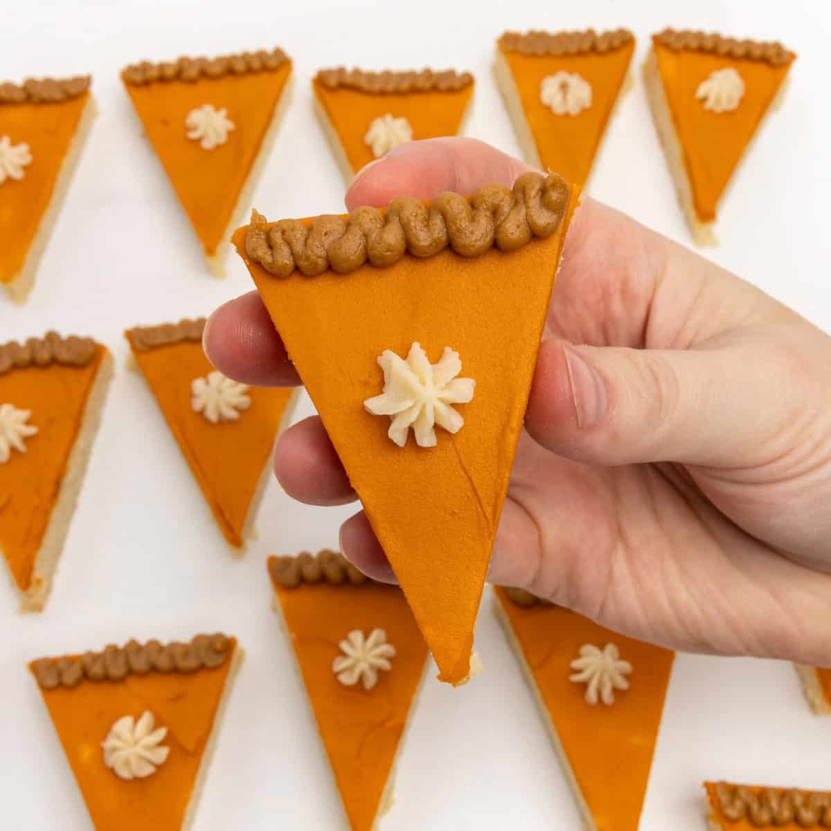 sugar cookie bar decorated as slice of pumpkin pie