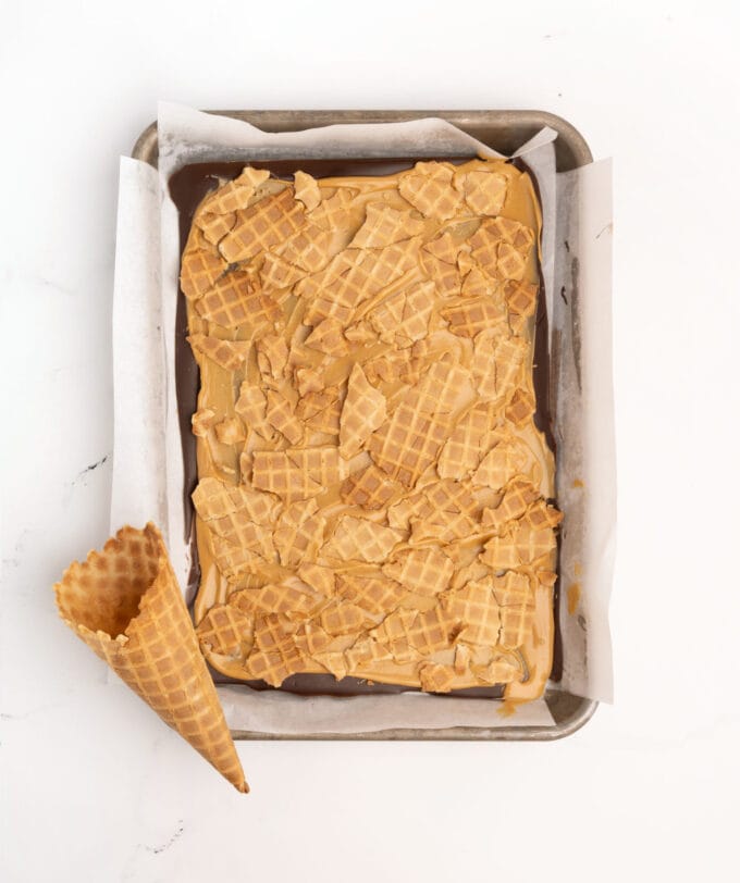 waffle cone layer on chocolate peanut butter bark