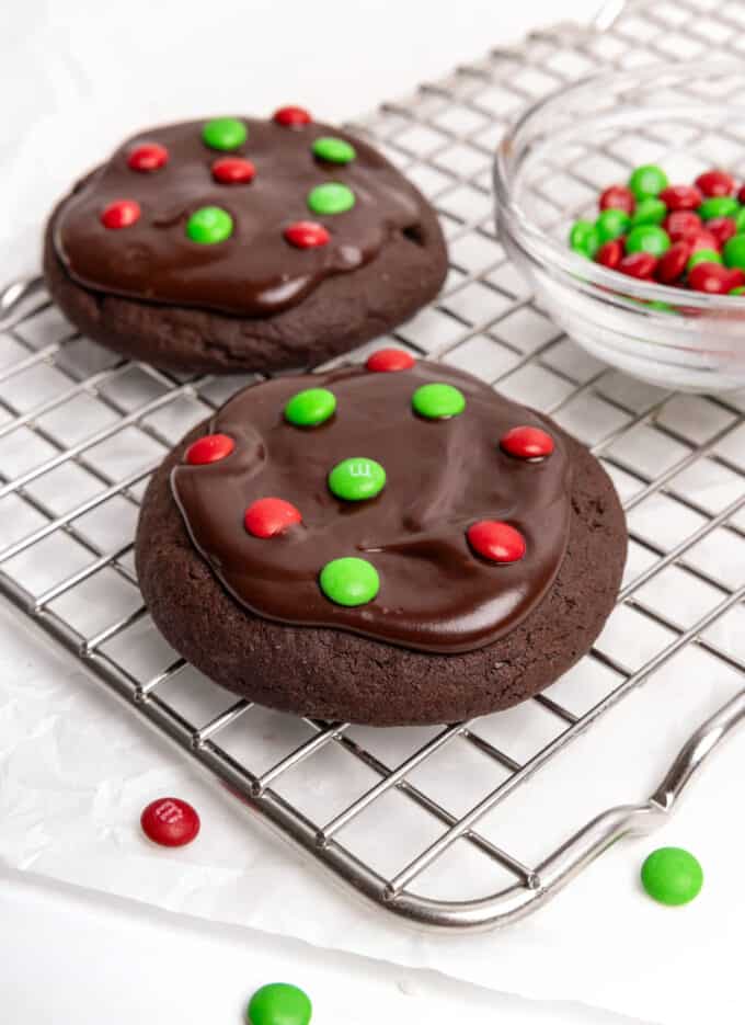 fudgy brownie cookies topped with red and green m&m's