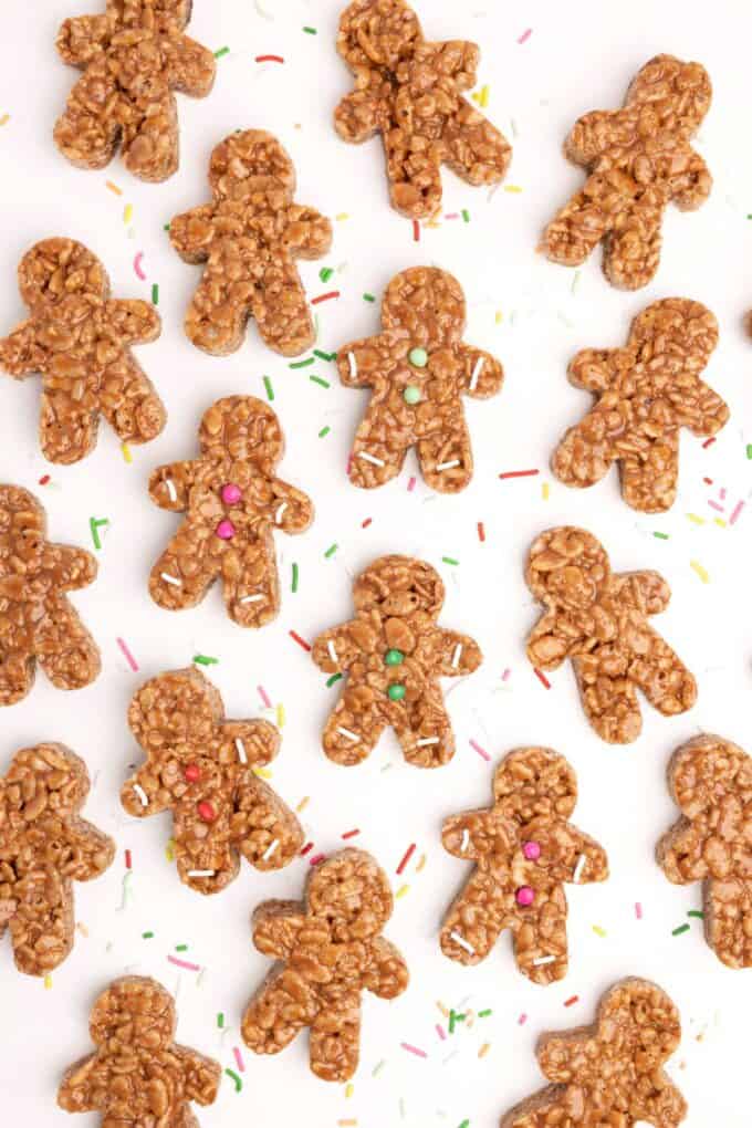 Gingerbread man shaped chocolate caramel rice krispy treats