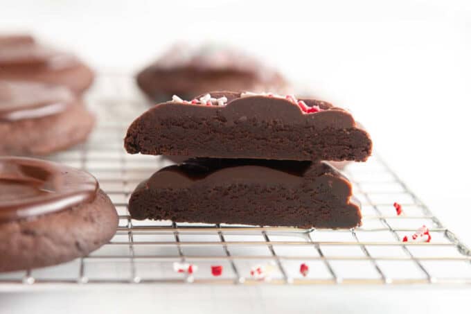 chocolate peppermint brownie cookie on cooling rack