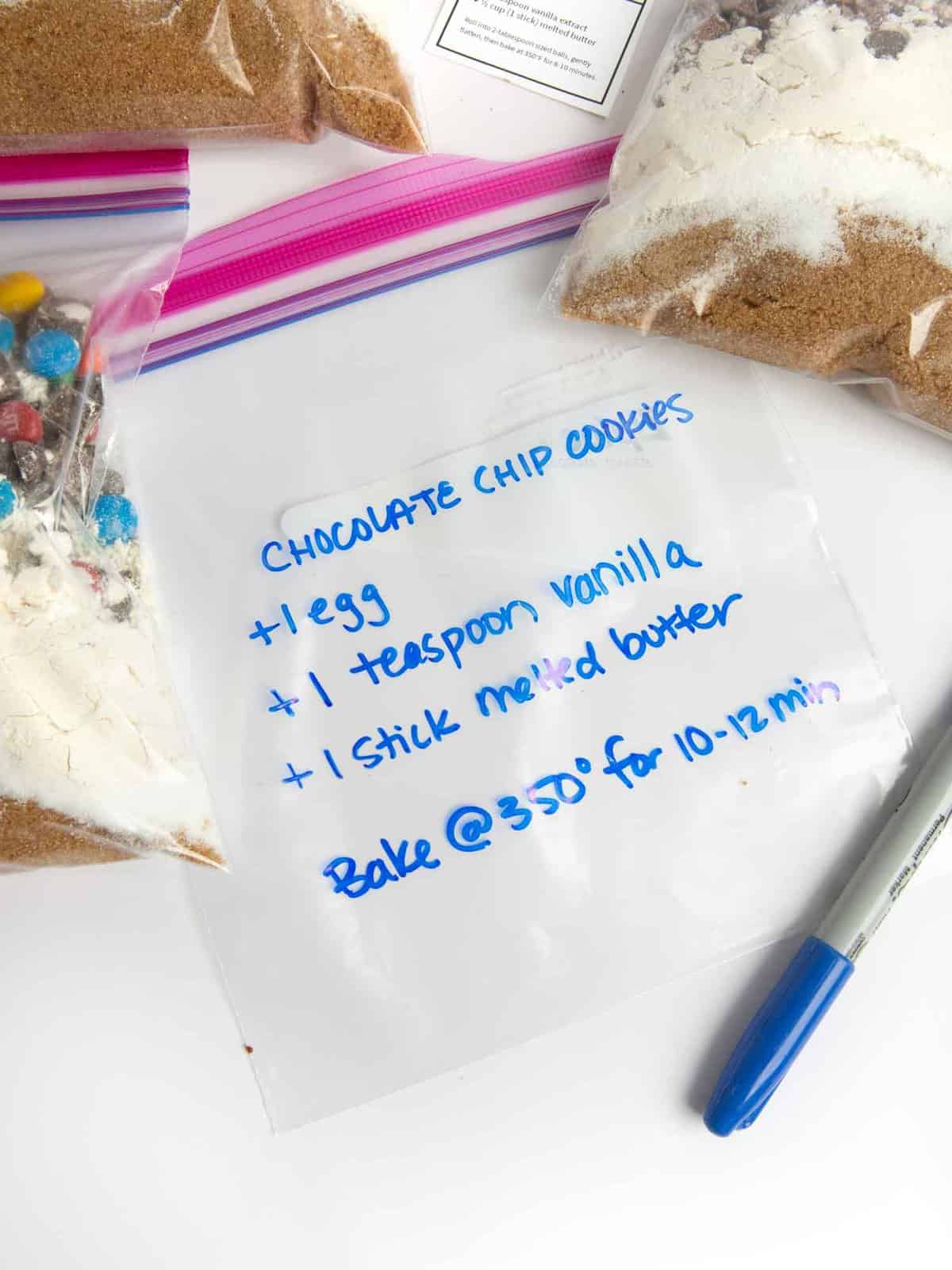 diy cookie mix in bag with instructions written on bag with permanent marker