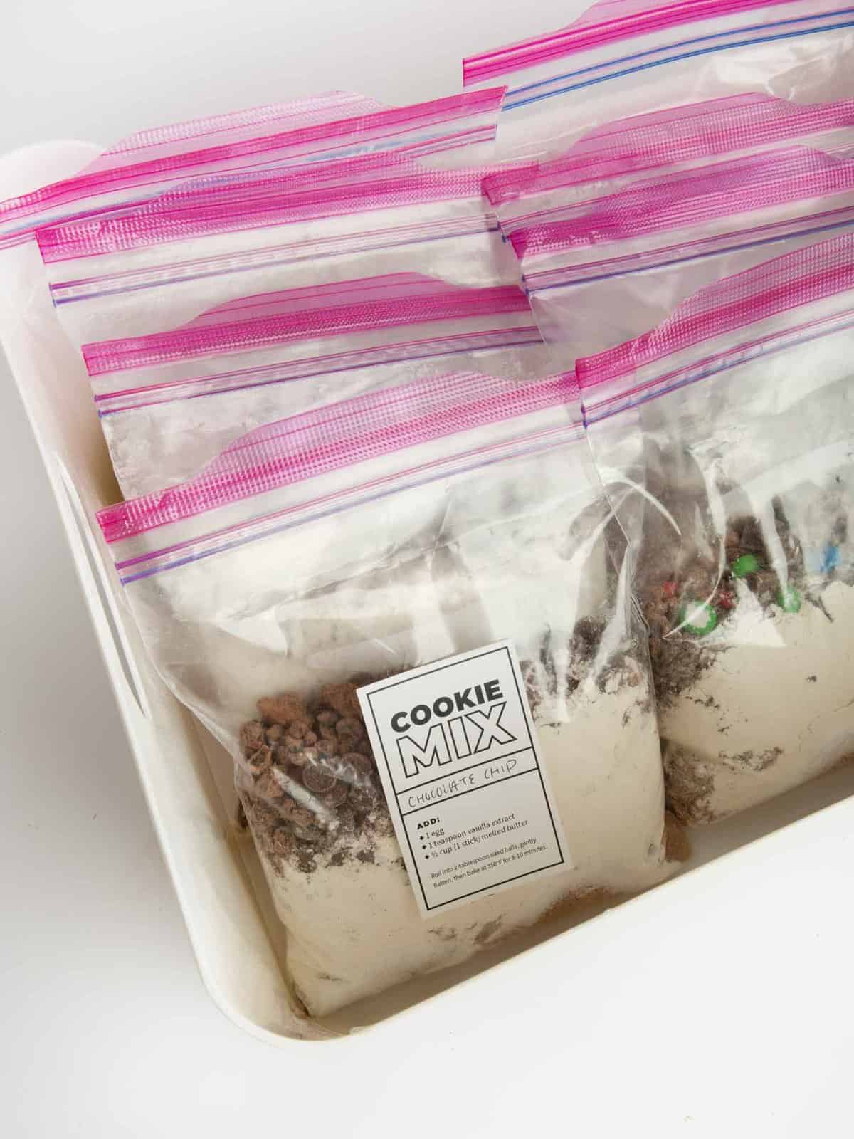 pantry bin of DIY cookie dough mixes in bag