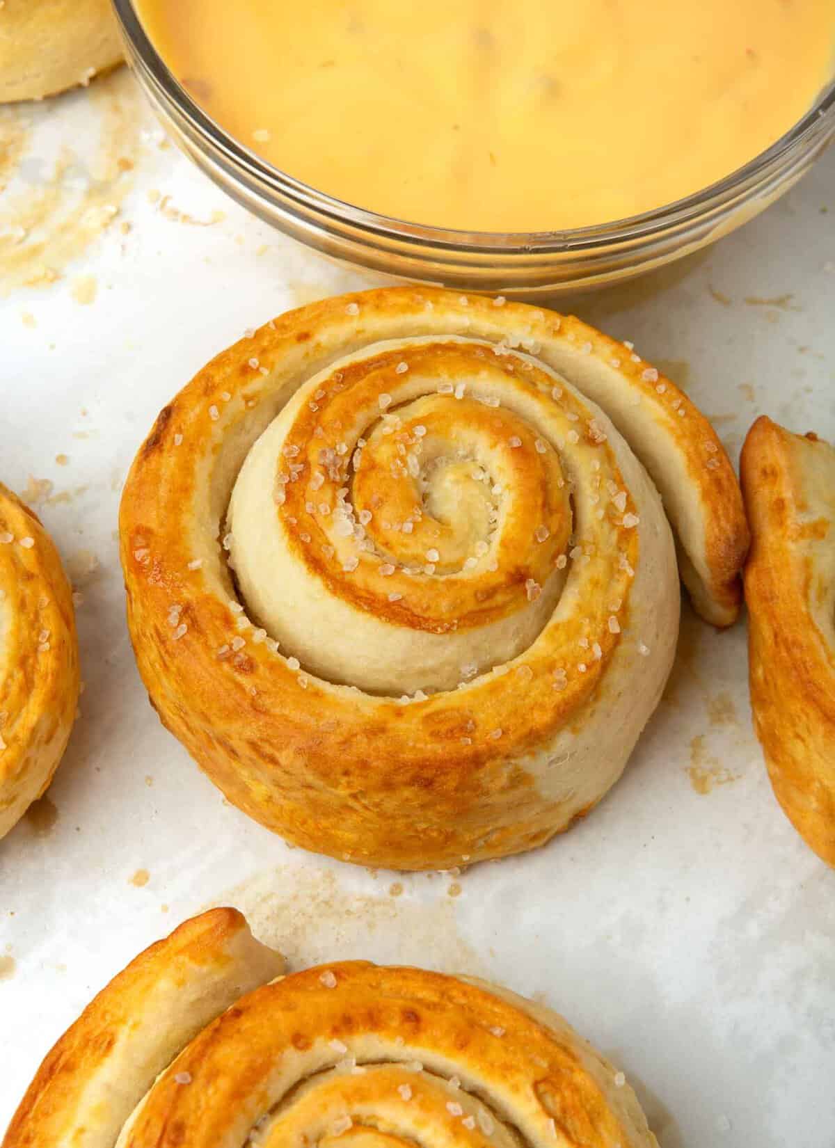swirled pretzel roll with salt on top