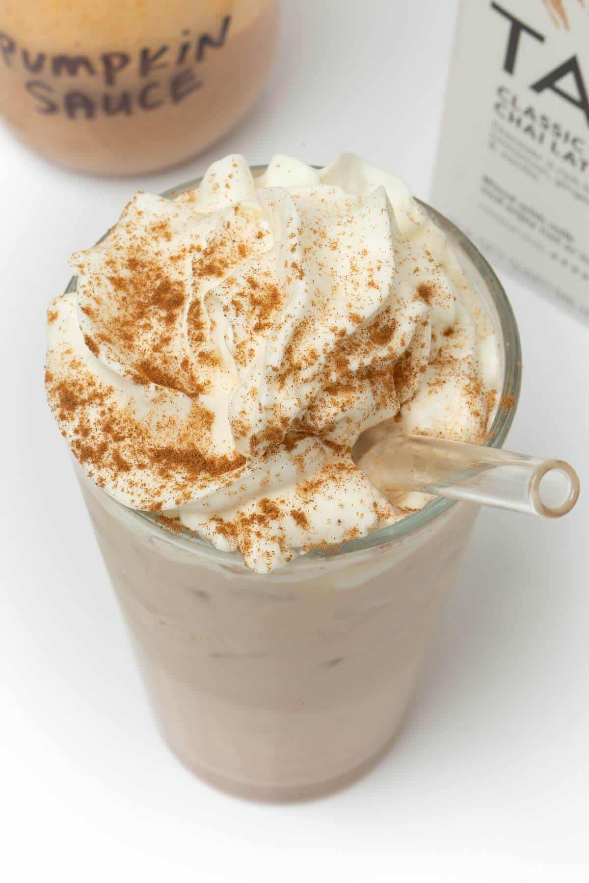 top shot of iced pumpkin cream chai with straw
