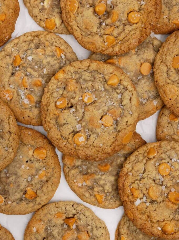 oatmeal scotchies cookies on parchment paper
