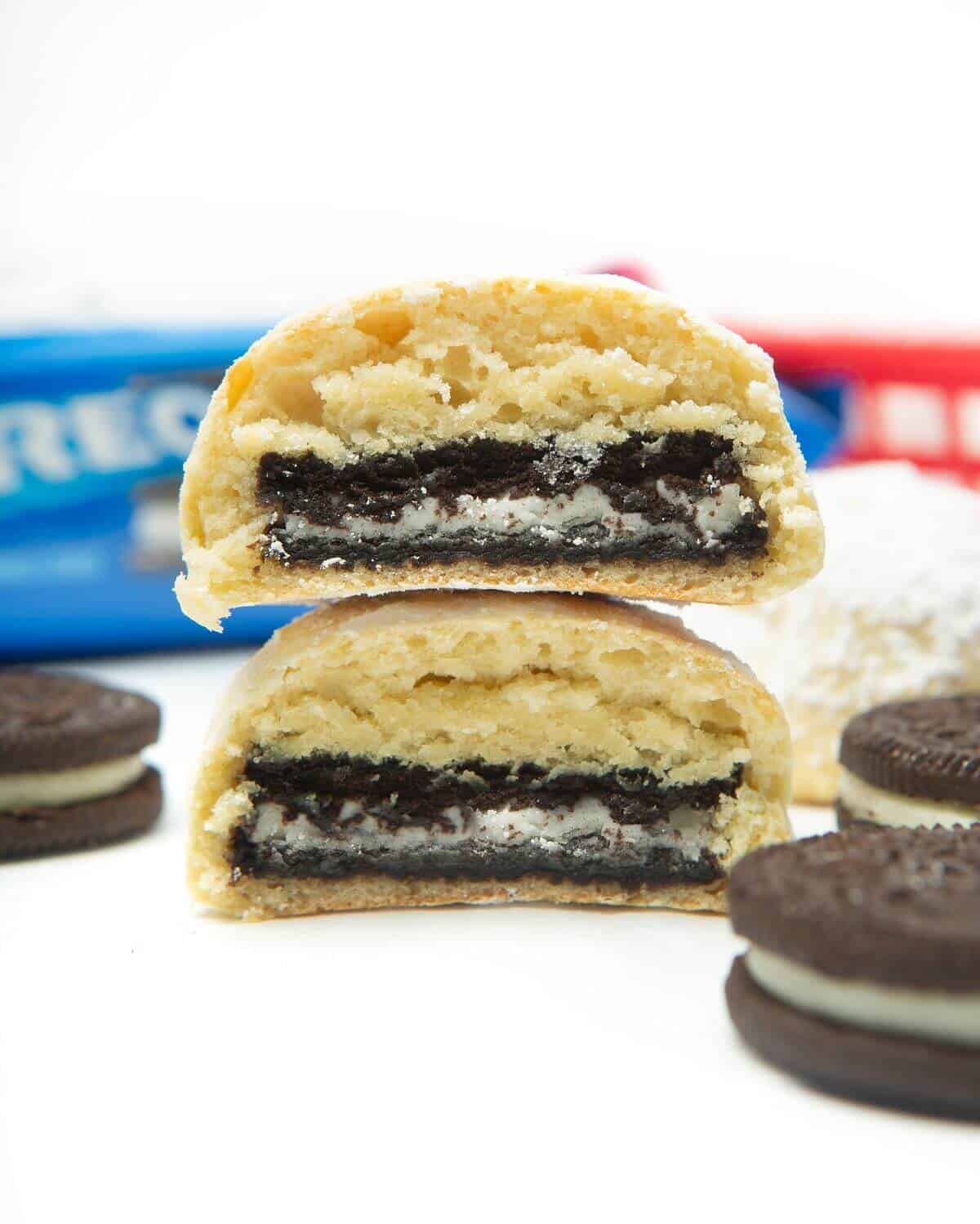 two air fried oreos cut in half stacked on top of each other