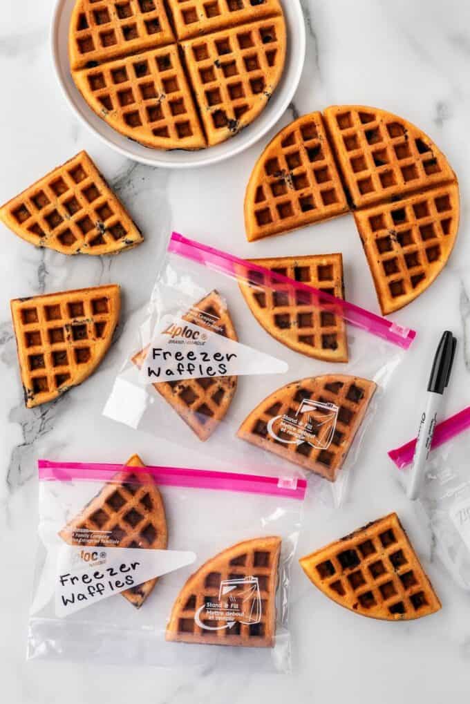 Blueberry waffles in freezer bags.