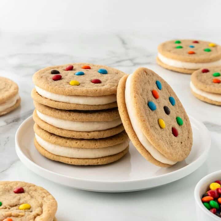 Stack of m&m cookie sandwiches on white plate.