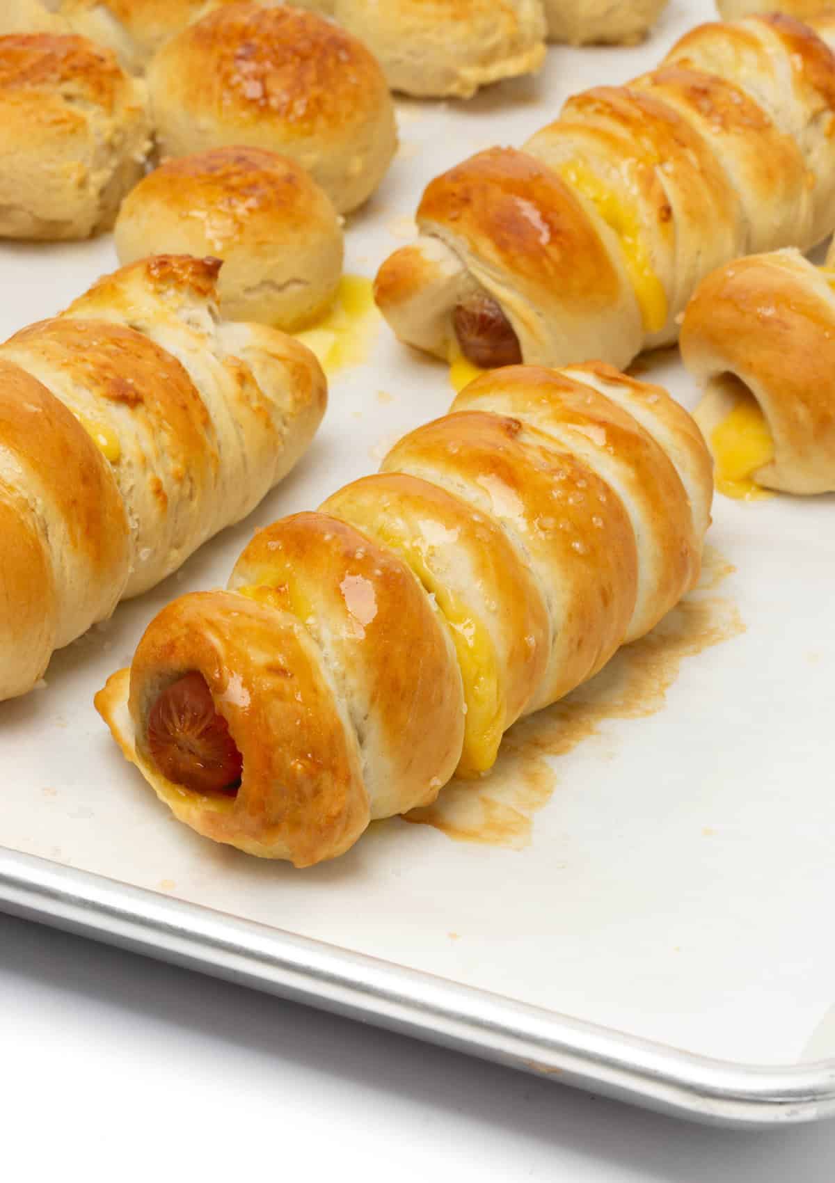 soft pretzel hot dog pig in a blanket