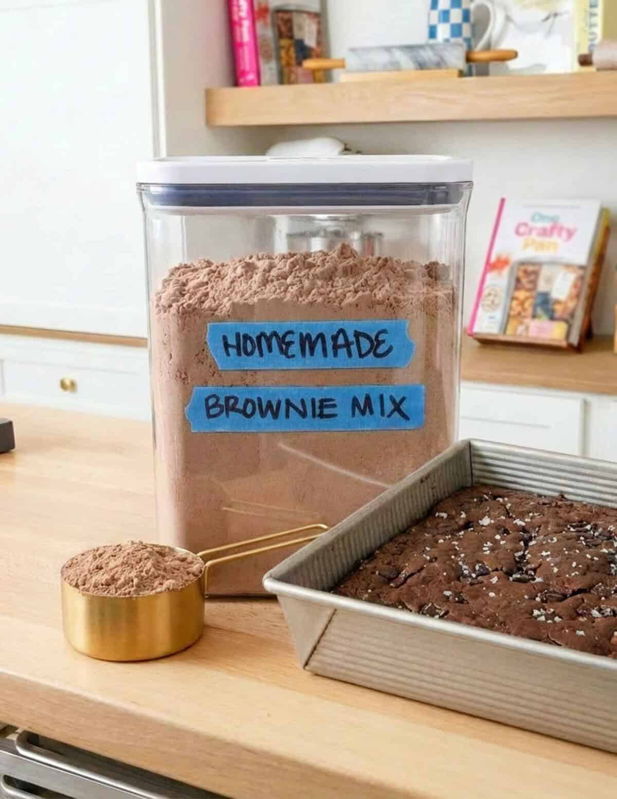 Large container filled with bulk homemade brownie mix dry ingredients for making multiple batches