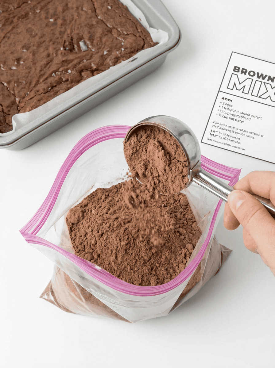 Scooping homemade brownie mix into a quart-size ziplock bag next to a sealed bag of DIY brownie mix