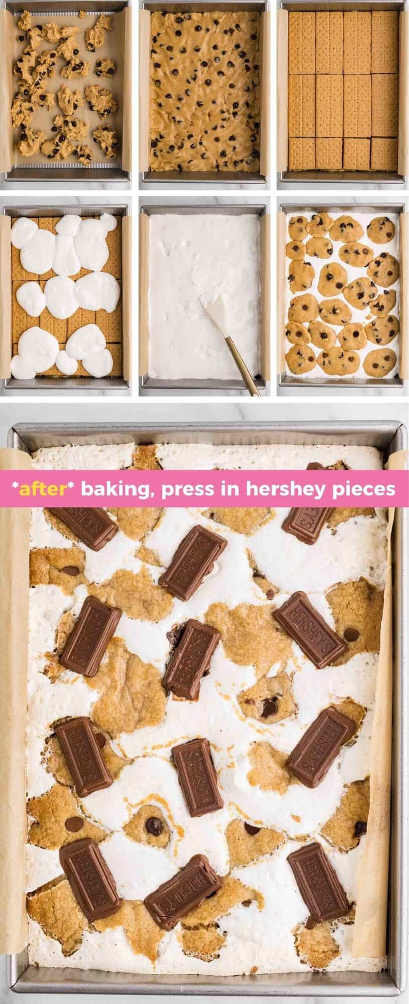 Steps 3-5 - Layering graham crackers and marshmallow fluff over cookie dough, then patching the top with remaining dough for Stuffed S'mores Bars