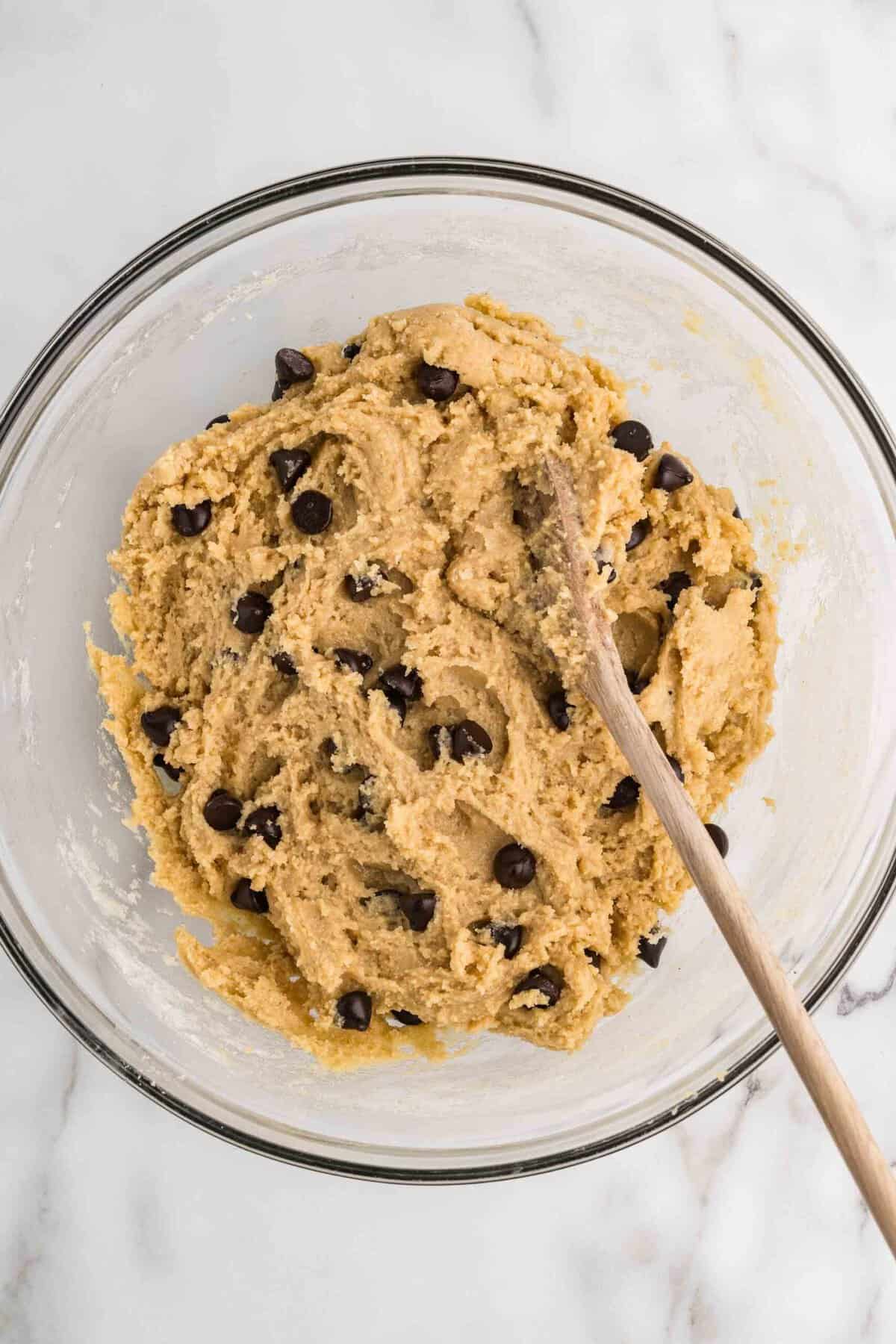 Step 2 - Chocolate chip cookie dough with graham cracker crumbs mixed in, ready to layer