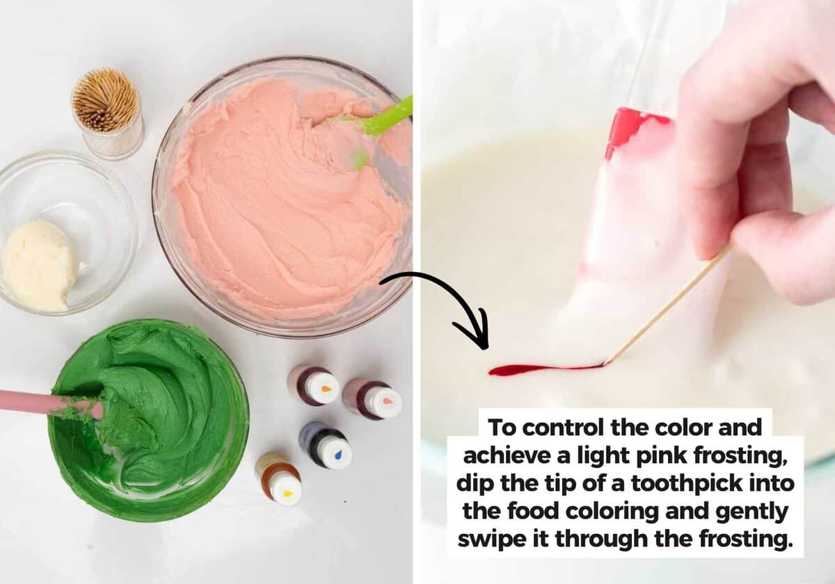 Bowls of pink, green, and white frosting for coloring watermelon cookie cake, with food coloring bottles and a toothpick