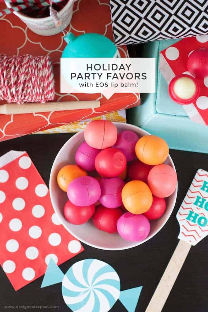 Attach EOS lip balm to a black matteboard for a fun holiday party favor idea! Allow each guest to pick one off the tree to take home! So fun!