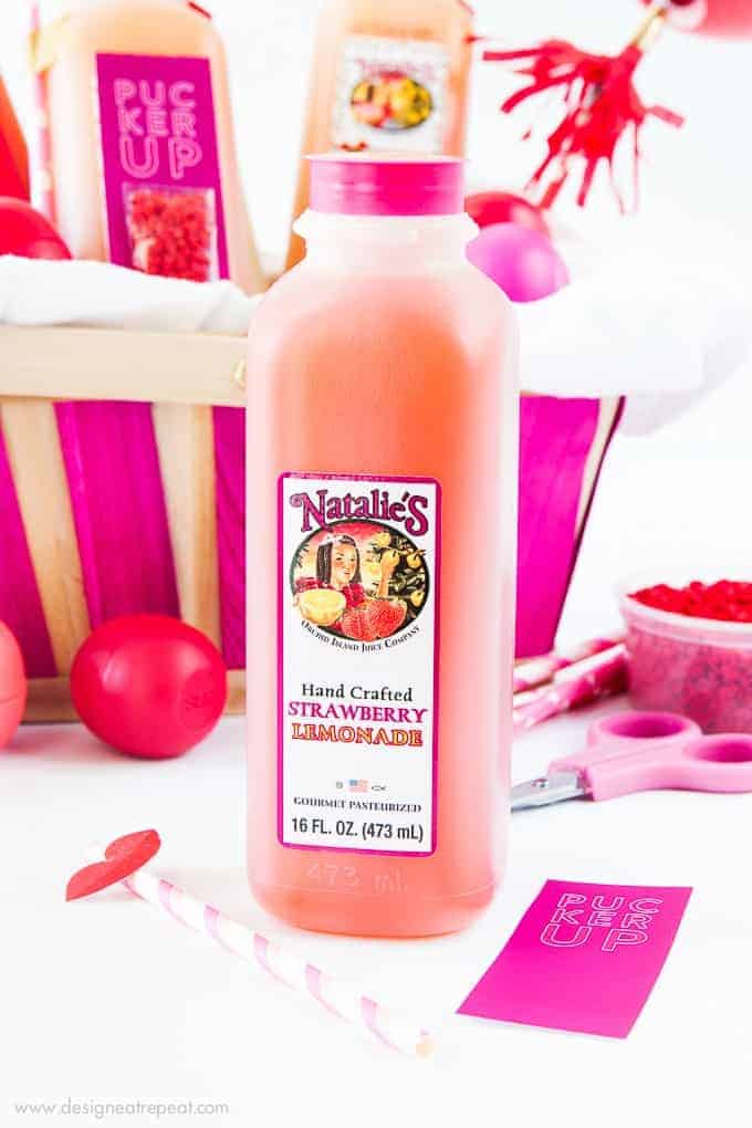 Attach these free printable Pucker Up bottle labels to these miniature Natalie's Juice bottles for a fun and easy Valentine's Day gift idea! How fun!
