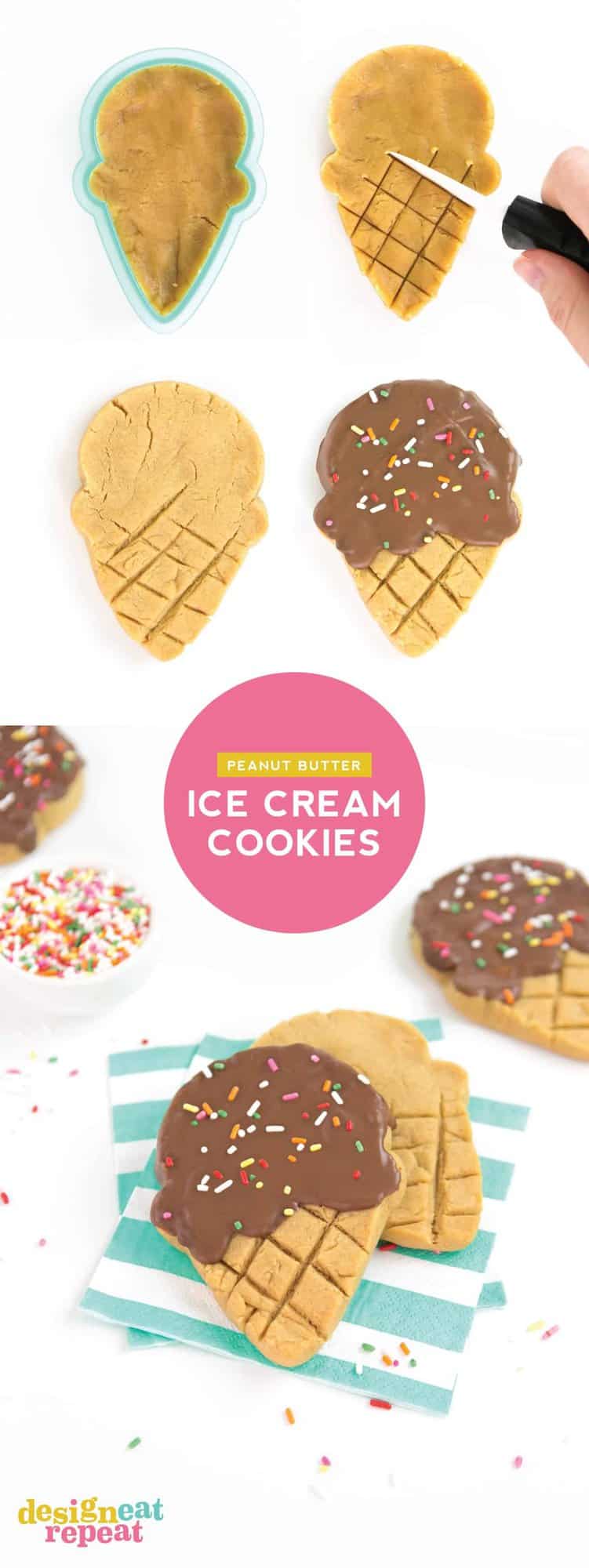 Cookie cutters aren\'t just for sugar cookies! Make these adorable ice cream cookies with my simple peanut butter cookie recipe, chocolate, a ice cream shaped cookie cutter, and...sprinkles! No rolling pin needed!