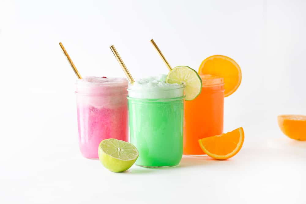 Raspberry, Lime, and Orange Sherbet in mason jars for DIY Punch Bar.