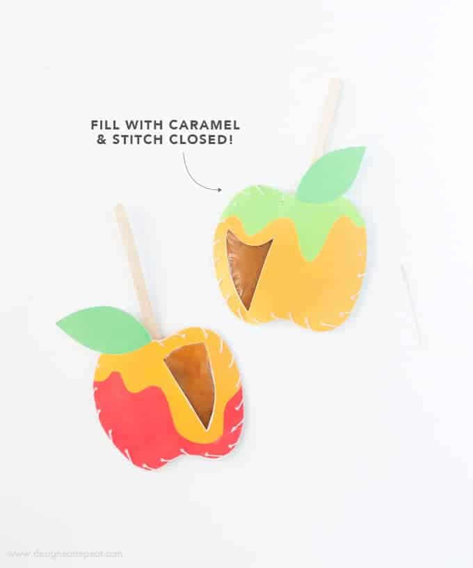 Download these free apple printables & make these DIY Caramel Apple Pouches! Fill with homemade caramel & stitch closed for a easy Fall treat!