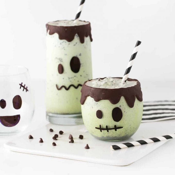 Mint chip ice cream milkshakes decorated like frankenstein