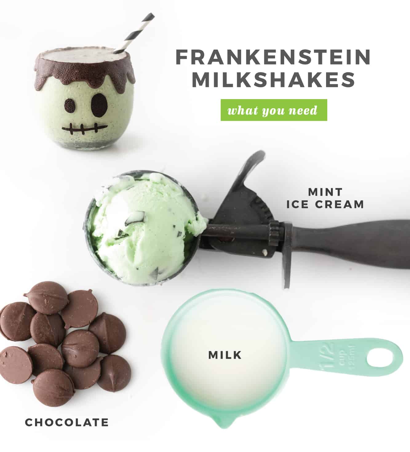 Ingredients to make Frankenstein Halloween Milkshakes. Mint chip ice cream scoop, dark chocolate wafers, blue measuring cup of milk, frankenstein milkshake.