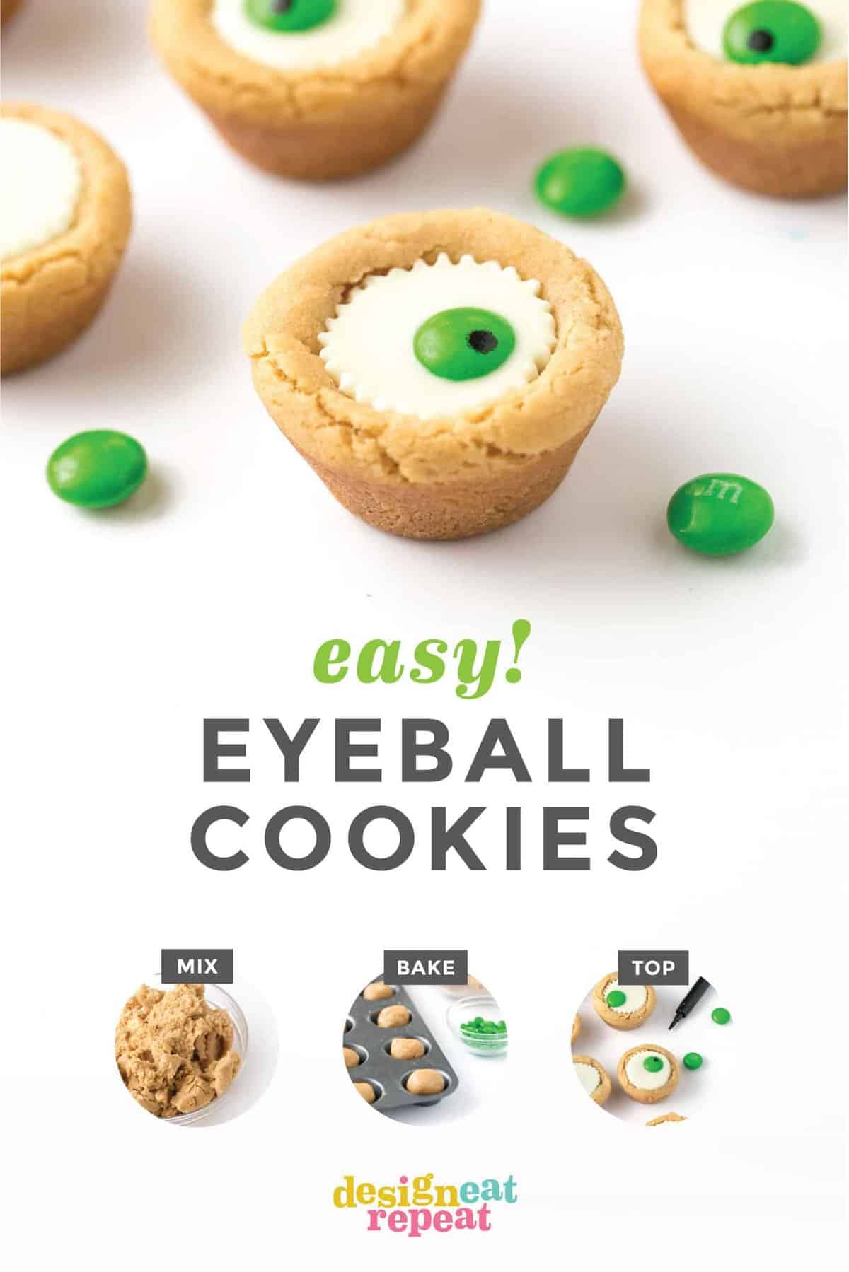 Easy Halloween Eyeball Cookies the kids can help with! After baking, simply press a miniature white peanut butter cup and M&M into the top of each one for a spooky (but cute!) halloween cookie idea. #Halloween #Cookies #EyeballCookies | www.DesignEatRepeat.com