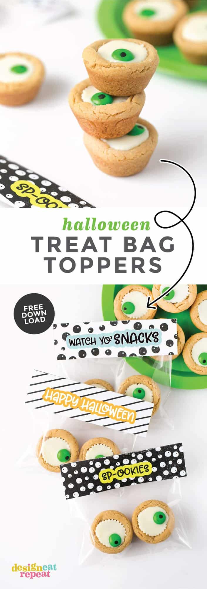 How cute are these? Attach these printable Halloween treat bag toppers with eyeball cookie cups for an easy Halloween party favor idea! Perfect for classroom gifts, coworker treats, or Halloween party favors. #Printable #Halloween | www.DesignEatRepeat.com