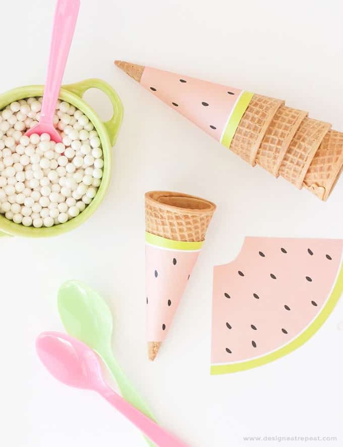 Free Printable Watermelon Icecream Cone Wrappers. Perfect for summer or fruit-themed parties!