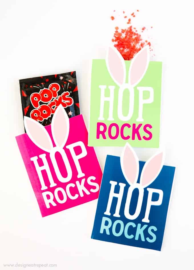 Need a fun way to spruce up your kid's Easter basket? Print off these Free Easter Printable "Hop Rock" Pouches and add in a packet of pop rocks for a fun surprise!