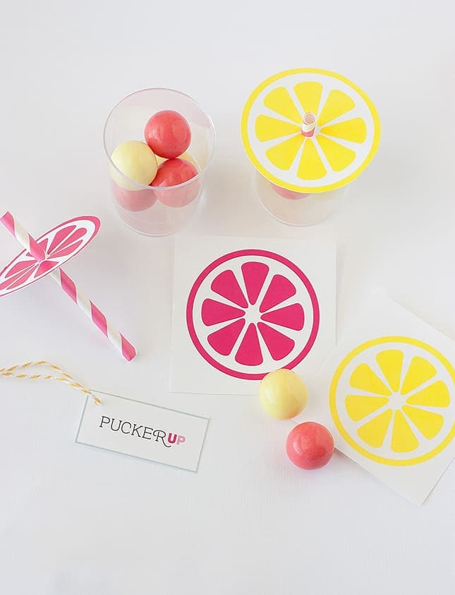 Lemonade Party Favors pink and yellow with gumballs and printable pucker up tag