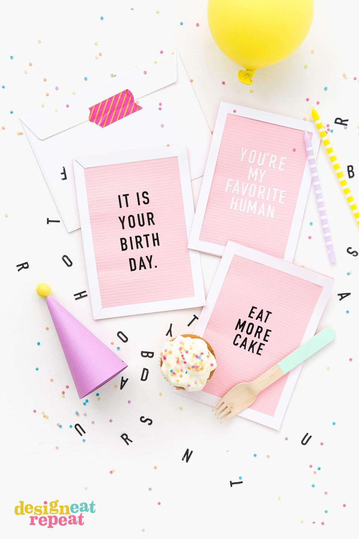 Bring the letterboard trend to your craft room with these Letterboard DIY Birthday Cards! Customize with your own phrases and slip in an envelope for a fun & creative handmade birthday card! | www.DesignEatRepeat.com | #birthdaycard #printable