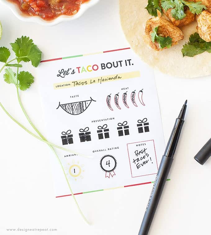 Love tacos? These free printable score cards are the perfect accompaniment to any taco tour! Rate each restaurant and keep track of your favorites! Download at Design Eat Repeat!