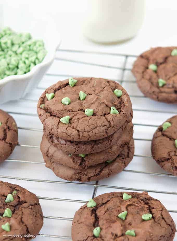 Make these Mint Brownie Cookies using a boxed brownie mix & one cup of chocolate cake mix! The cake mix makes them thick, while still keeping a chewy, chocolately texture!