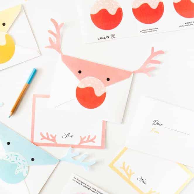 These reindeer envelopes are so adorable and easy to make with the printables from Design Eat Repeat! The entire set is free and comes with the envelope, notecard, and sticker nose template!